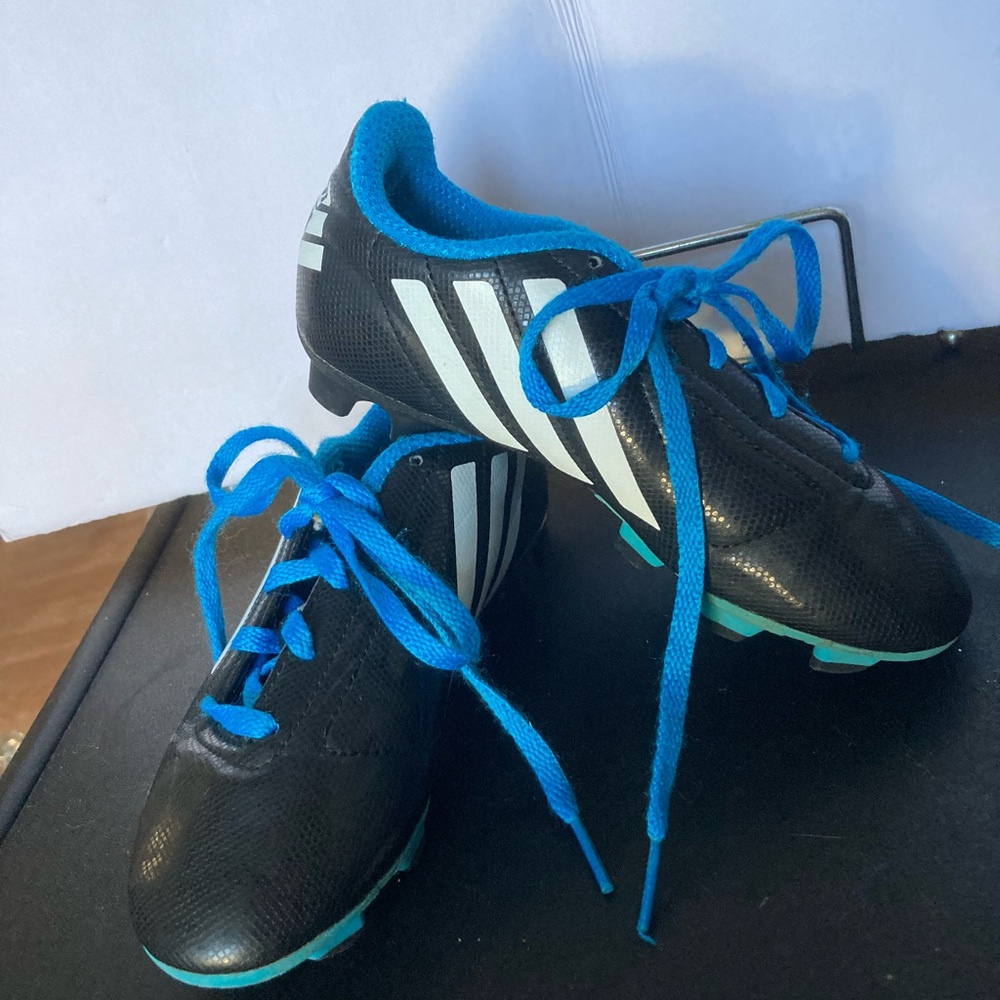 adidas Black Cleats with Bright Blue Trim and White Stripes